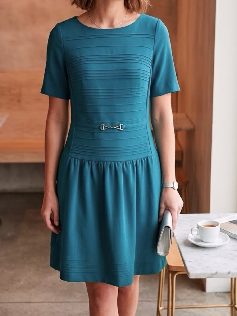 White House Black Market Dress Teal Ponte Knit Silvertone Waist buckle accent 10